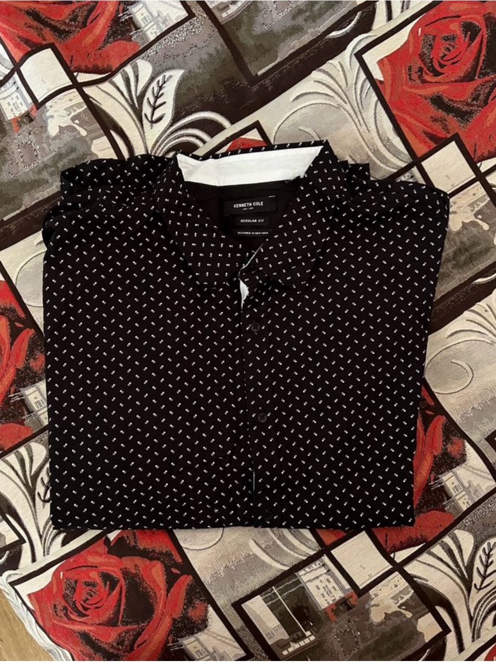 Kenneth Cole Black Button-Up with White Micro-Dot Pattern